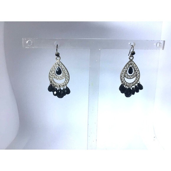 Silver tone chandelier earrings with black beads - Picture 1 of 3